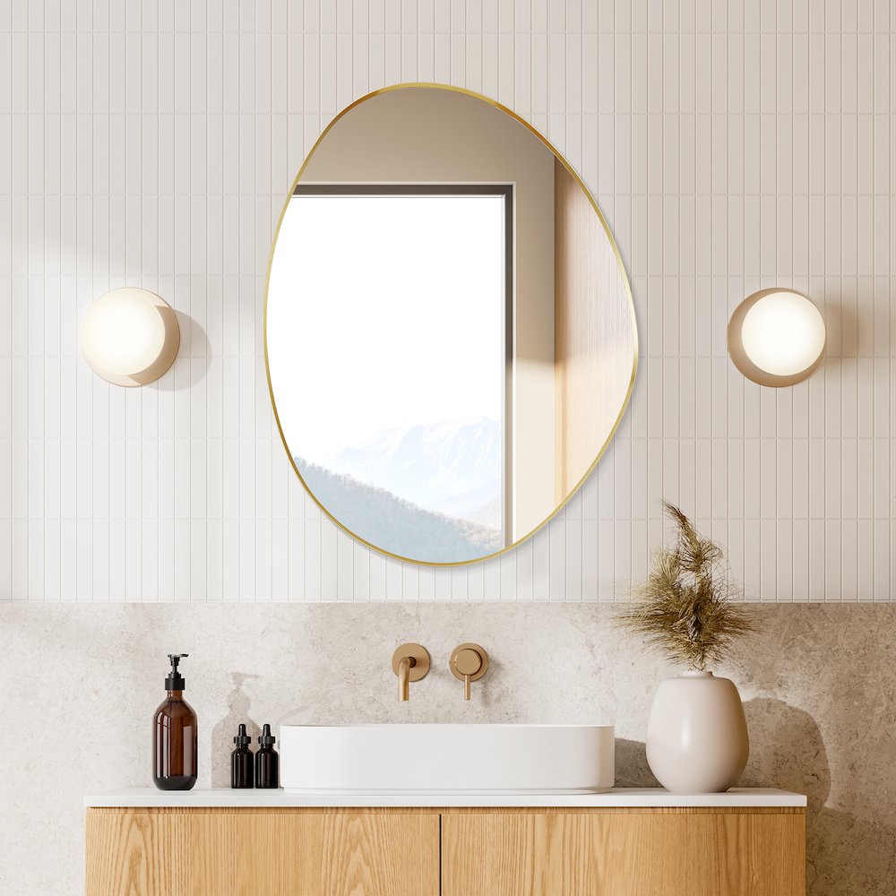 28"x36" Irregular Aluminum Framed in Brushed Gold Modern Bathroom Wall Mirror. Picture 5
