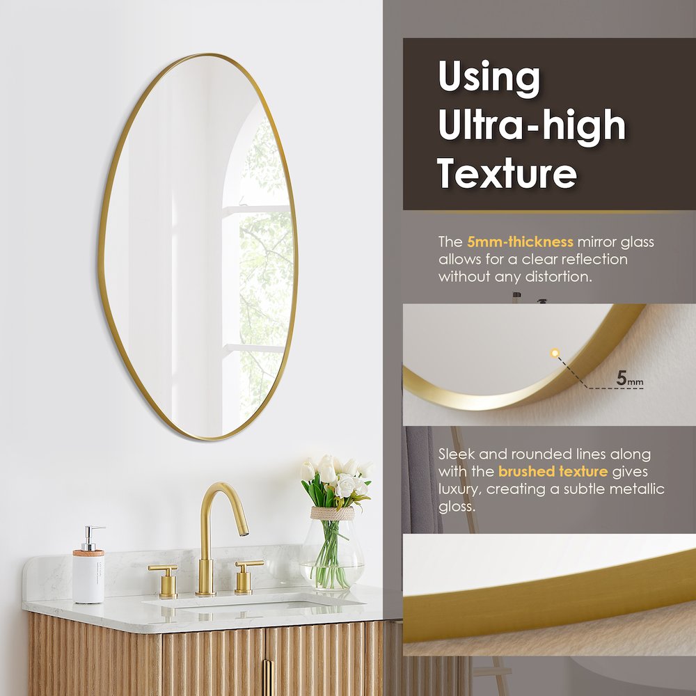 28"x36" Irregular Aluminum Framed in Brushed Gold Modern Bathroom Wall Mirror. Picture 9