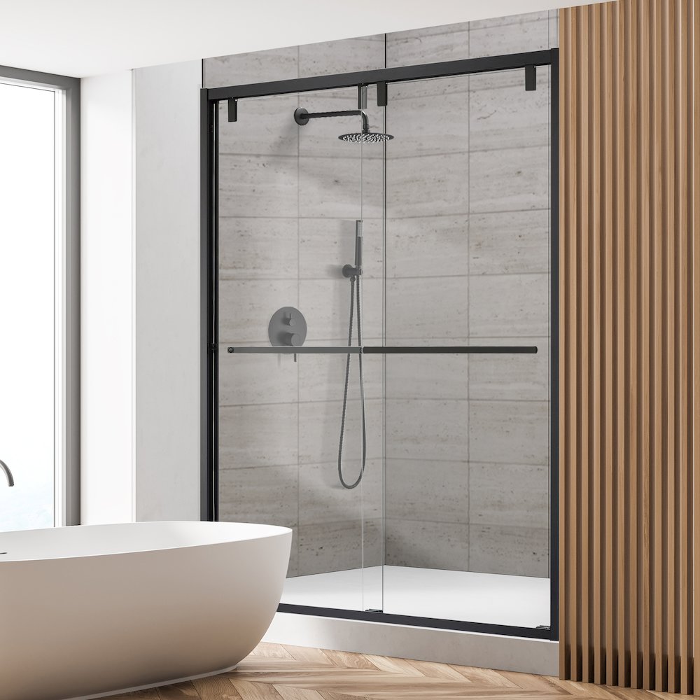 By Pass Semi Frameless Shower Door in Matte Black with Clear Glass. Picture 4