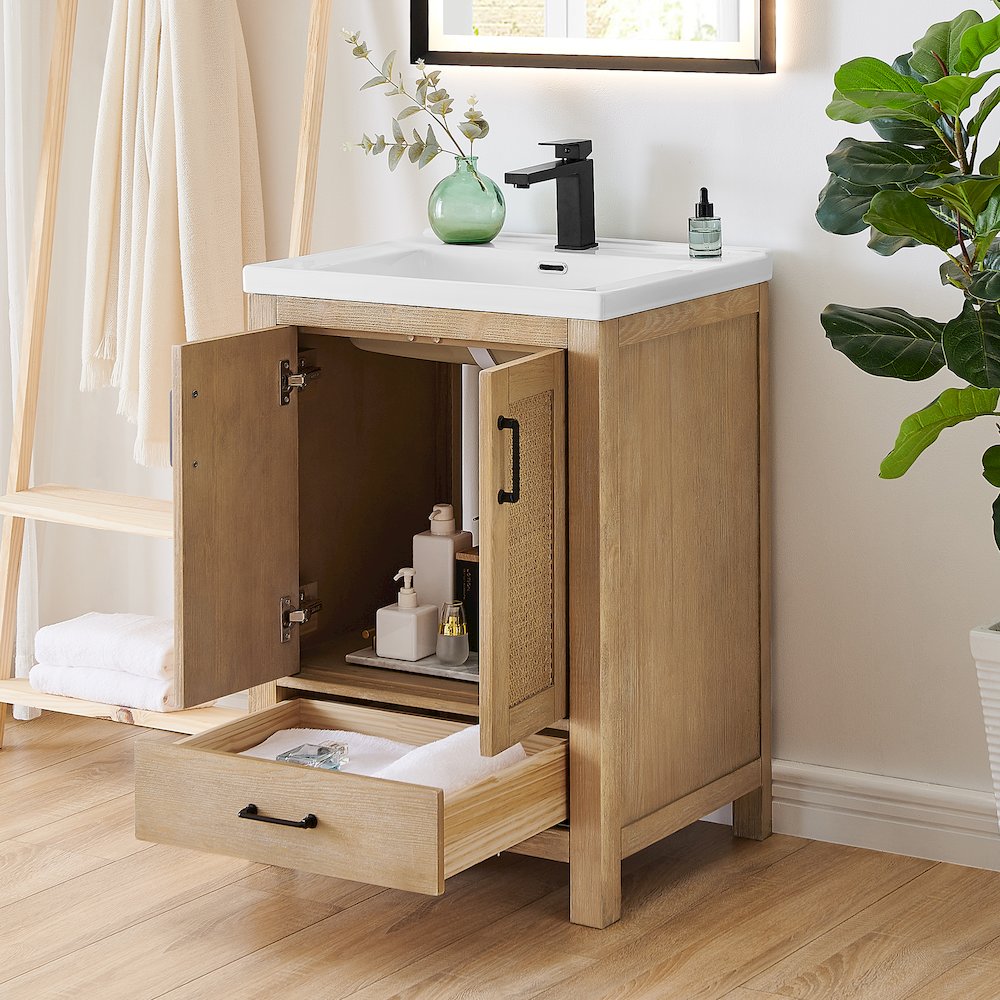 Single Bathroom Vanity in Light Brown White Ceramic Drop-in Sink. Picture 4