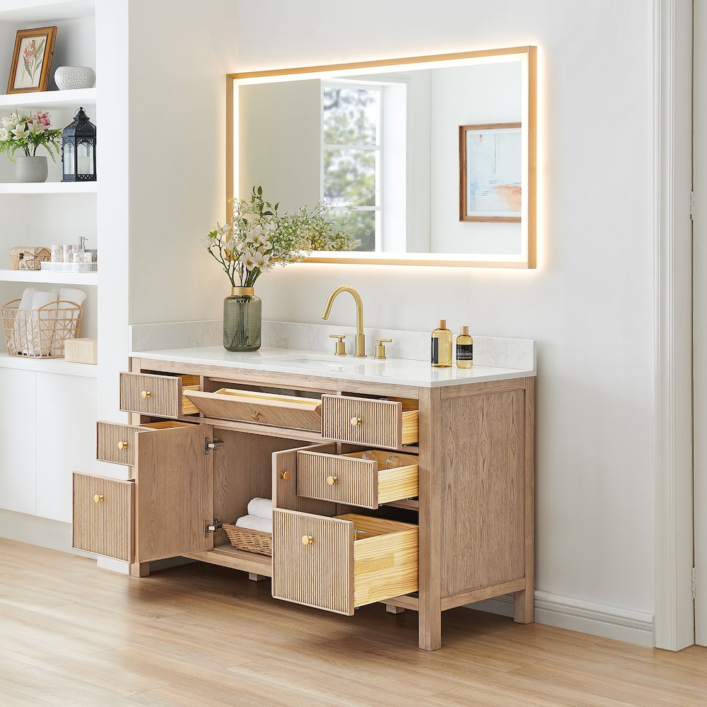 Single Bathroom Vanity in Nature Oak Grain White Engineered Stone Countertop. Picture 4