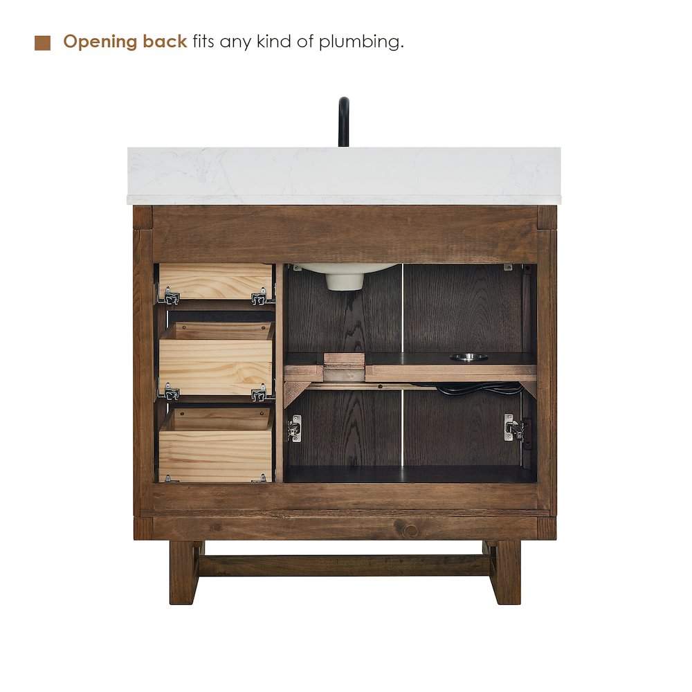 36" Single Bathroom Vanity in Brown Brushed Oak with Grain White. Picture 12