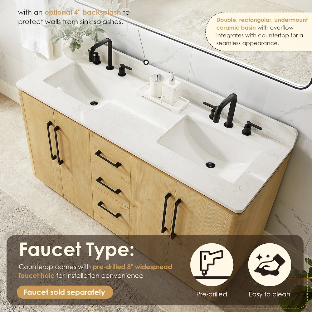 60" Double Bathroom Vanity in Nature Brown with Grain White. Picture 7