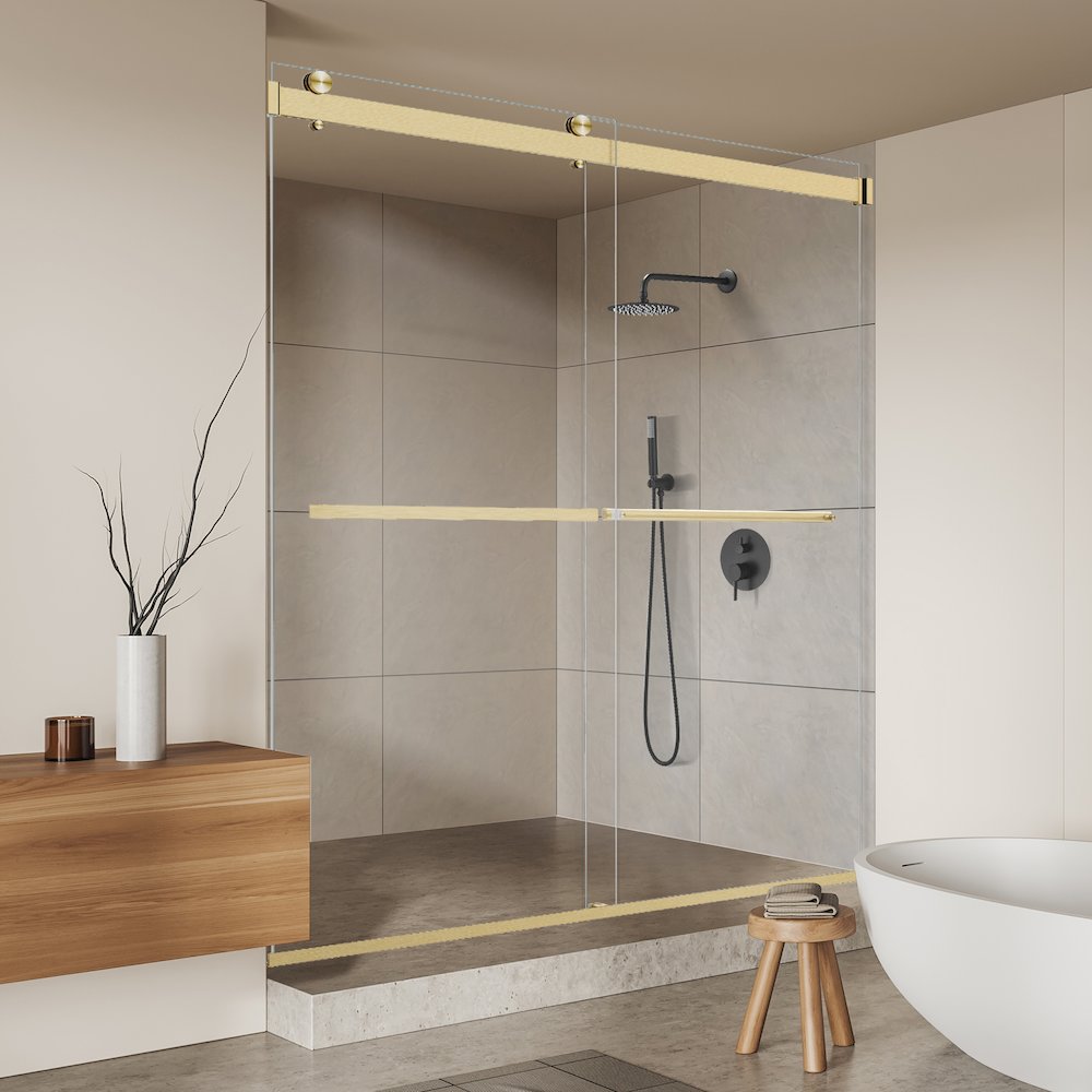 By Pass Frameless Shower Door in Brushed Gold with Clear Glass. Picture 6