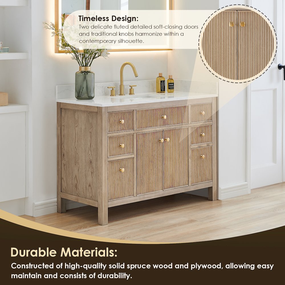 Single Bathroom Vanity in Nature Oak Grain White Engineered Stone Countertop. Picture 6