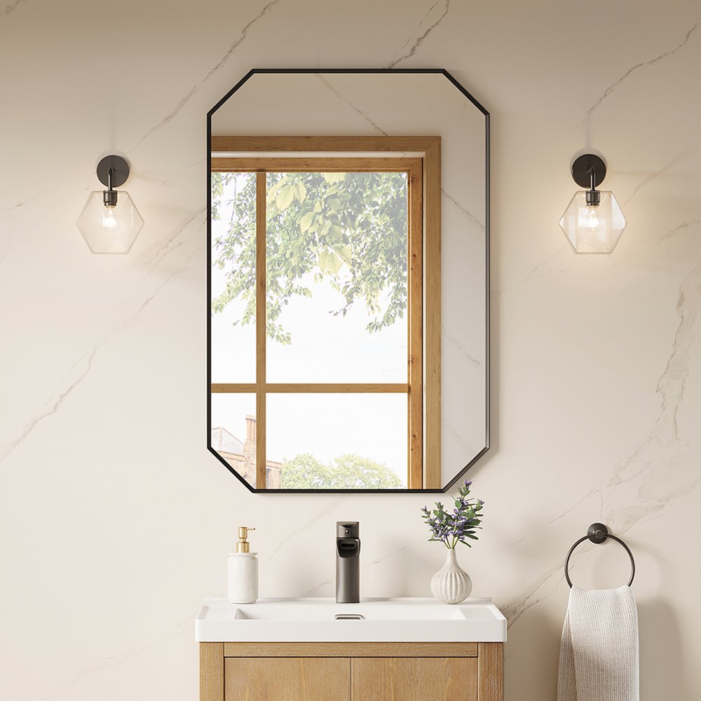 24"x36" Octagon Aluminum Framed in Matte Black Modern Bathroom Wall Mirror. Picture 4