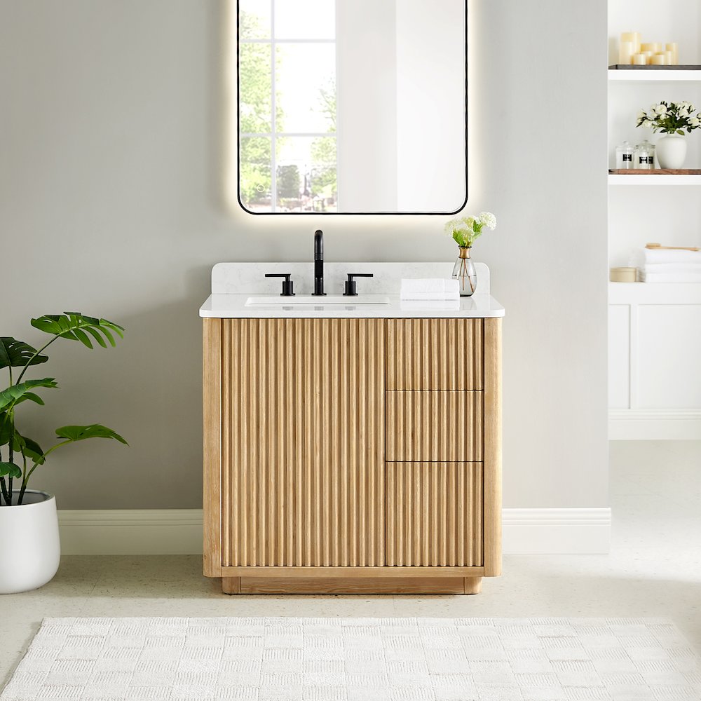 36" Single Bathroom Vanity in Washed Light Brown with Grain White. Picture 2