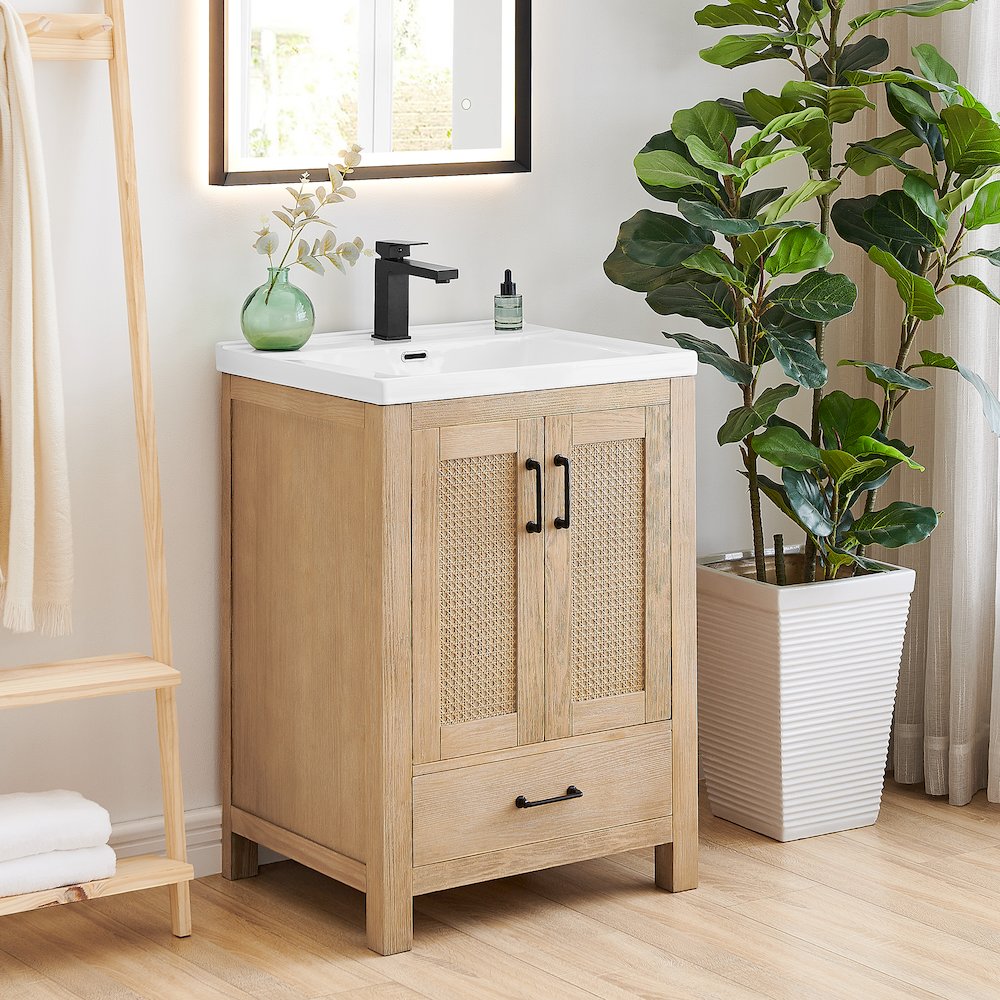 Single Bathroom Vanity in Light Brown White Ceramic Drop-in Sink. Picture 3