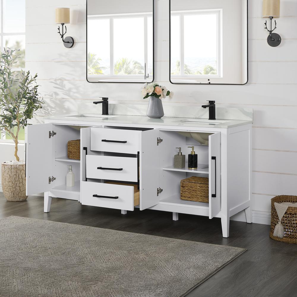 Double Bathroom Vanity in White with Stone Countertop without Mirror. Picture 4