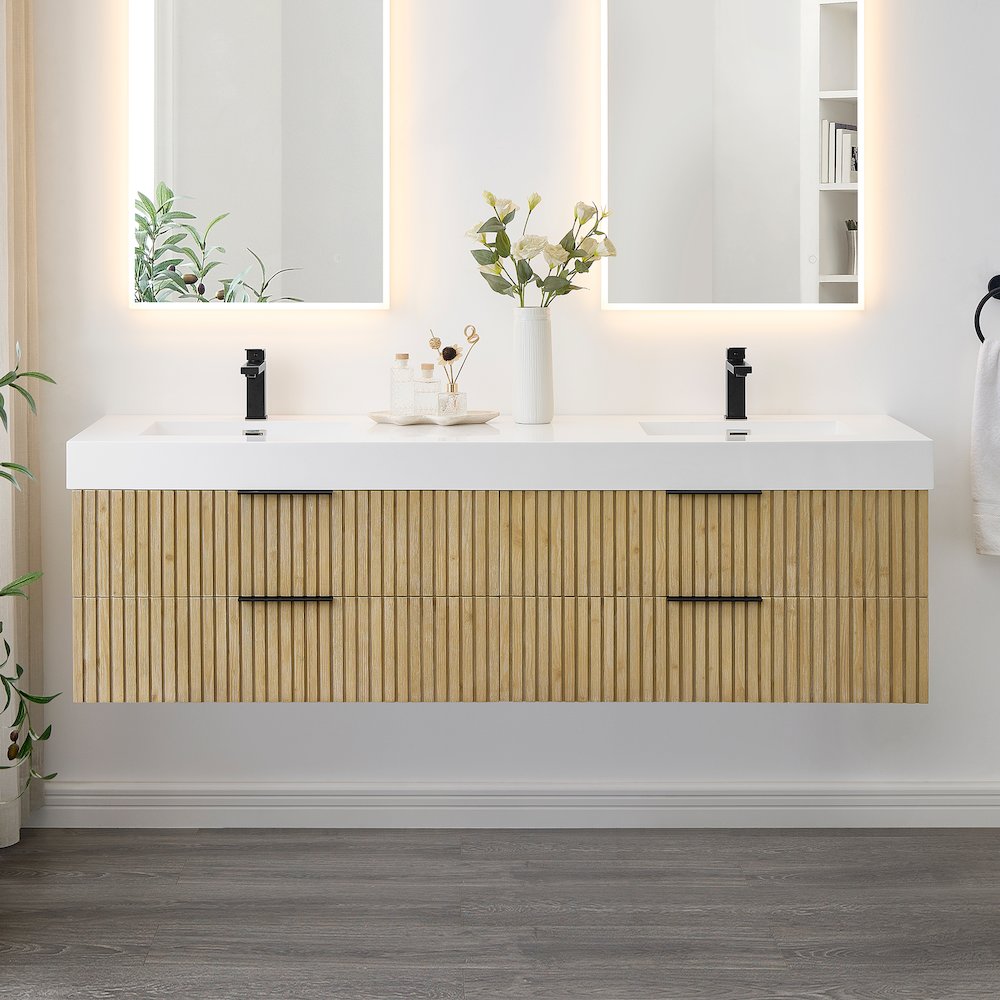 Double Bathroom Vanity in Nature Brown White Artificial Drop-in Sink. Picture 2