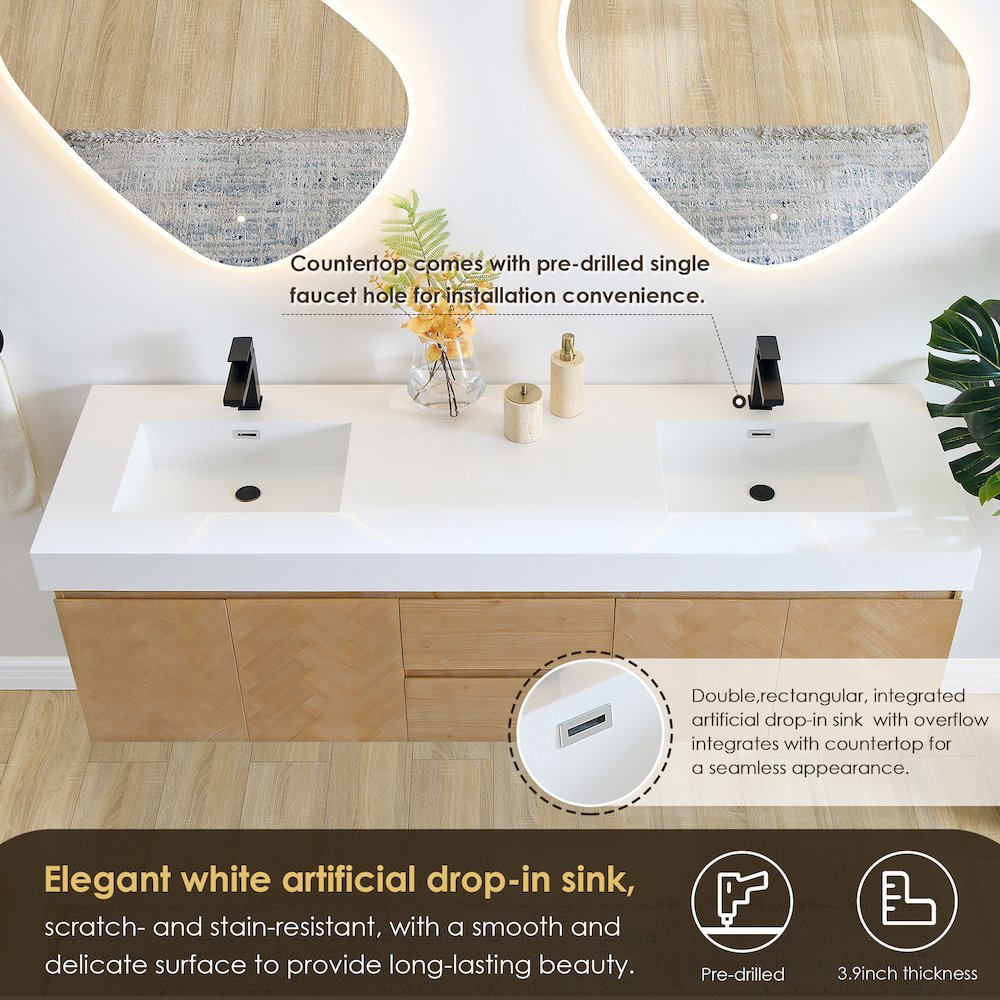 Double Bathroom Vanity in Light Brown White Artificial Drop-in Sink. Picture 6