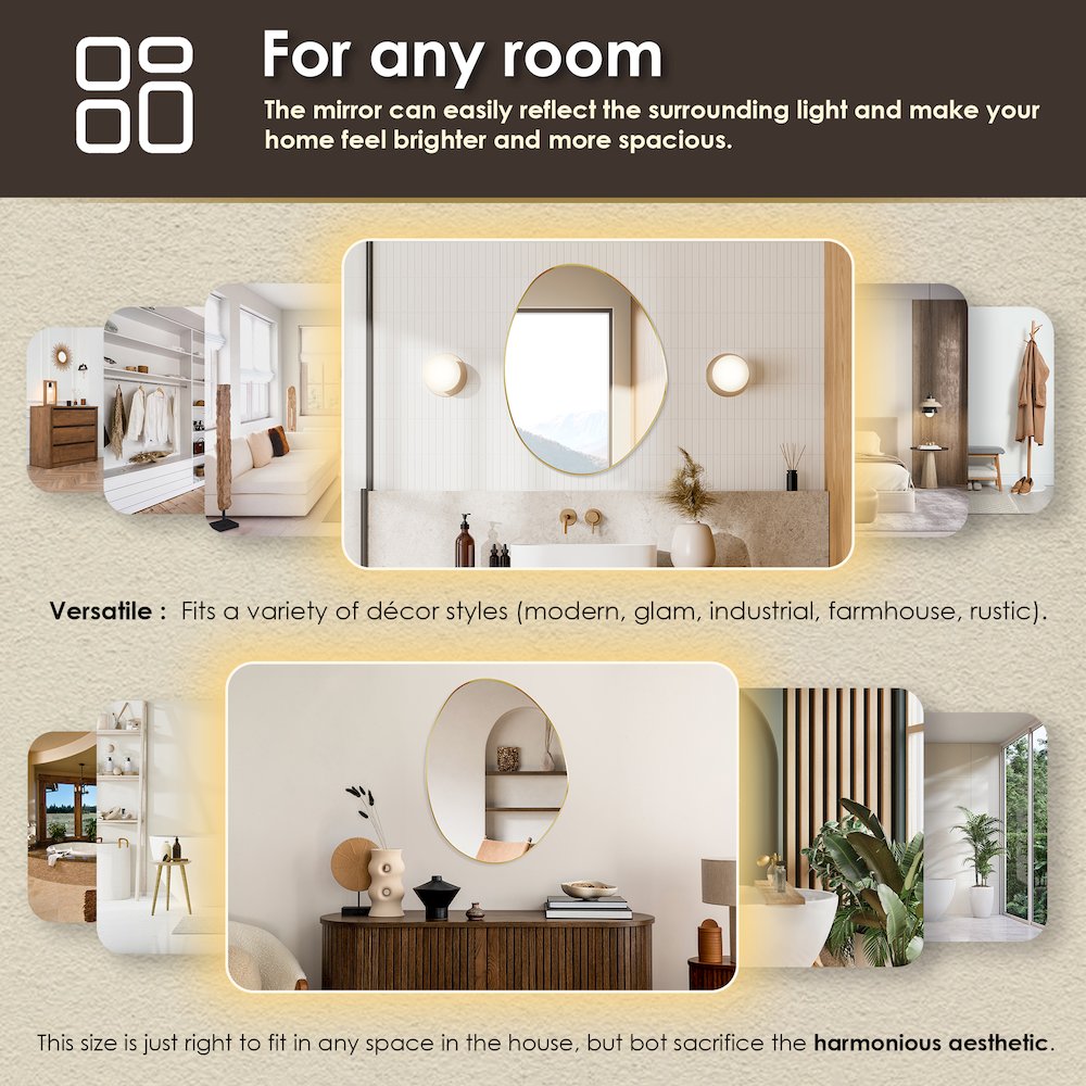 28"x36" Irregular Aluminum Framed in Brushed Gold Modern Bathroom Wall Mirror. Picture 14