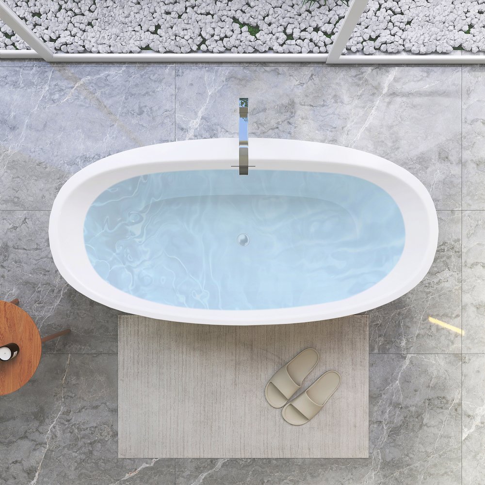 59" x 32" Flatbottom Freestanding Acrylic Soaking Bathtub in Glossy White. Picture 8