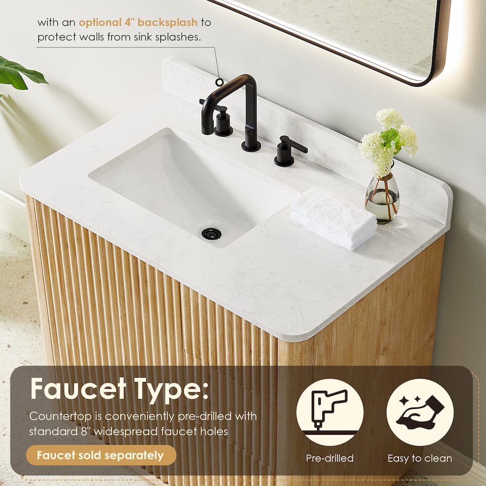 36" Single Bathroom Vanity in Washed Light Brown with Grain White. Picture 7