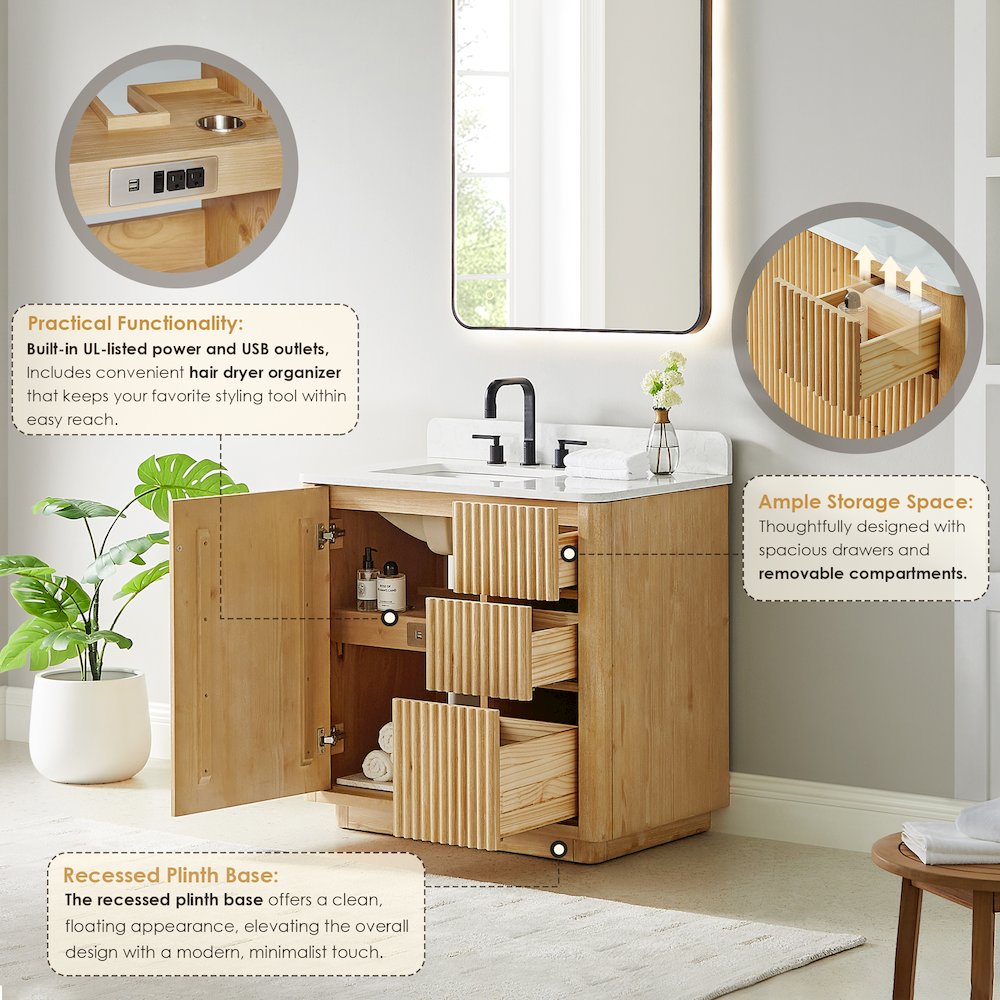 36" Single Bathroom Vanity in Washed Light Brown with Grain White. Picture 9