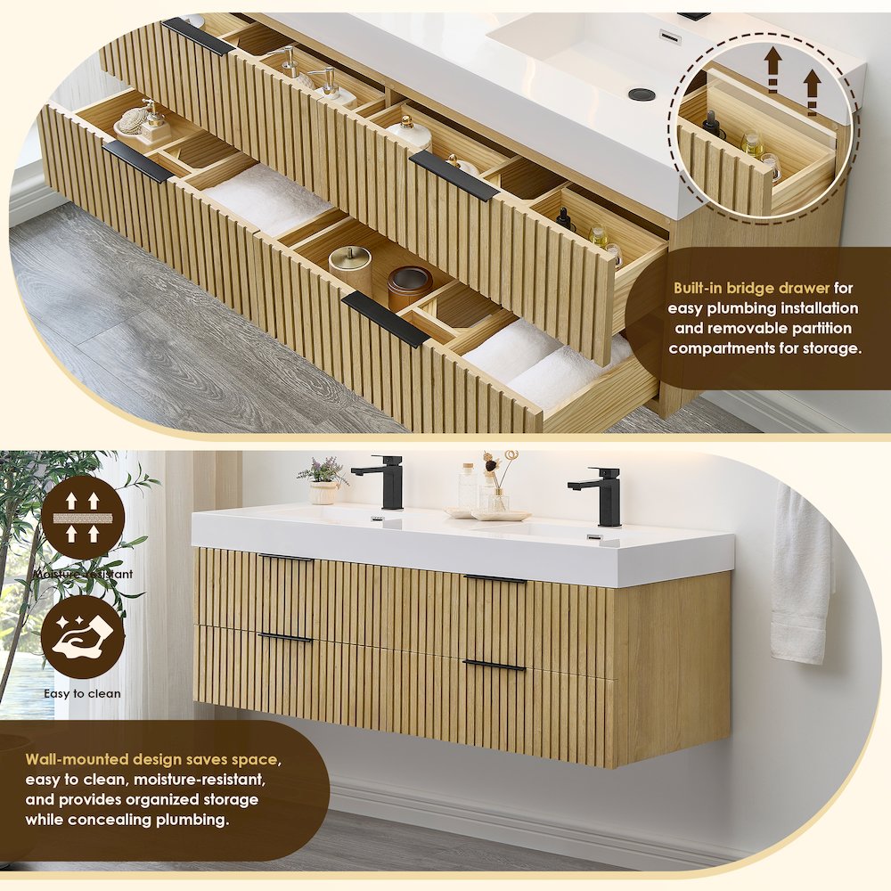 Double Bathroom Vanity in Nature Brown White Artificial Drop-in Sink. Picture 9