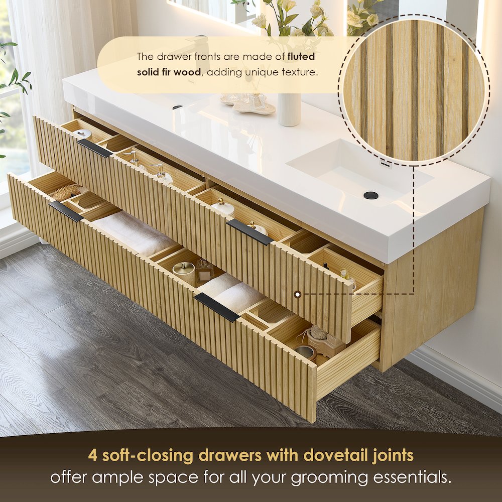Double Bathroom Vanity in Nature Brown White Artificial Drop-in Sink. Picture 7