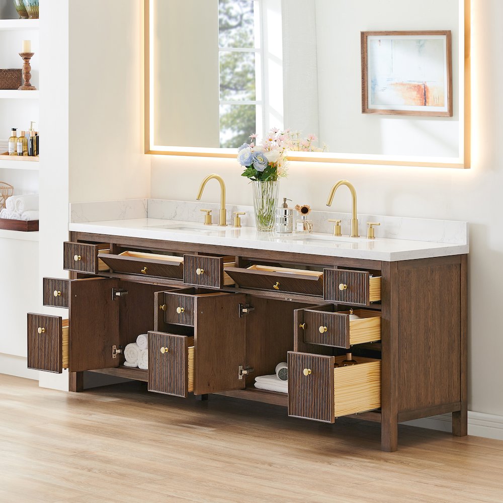 Double Bathroom Vanity in Brown Oak Grain White Engineered Stone Countertop. Picture 4