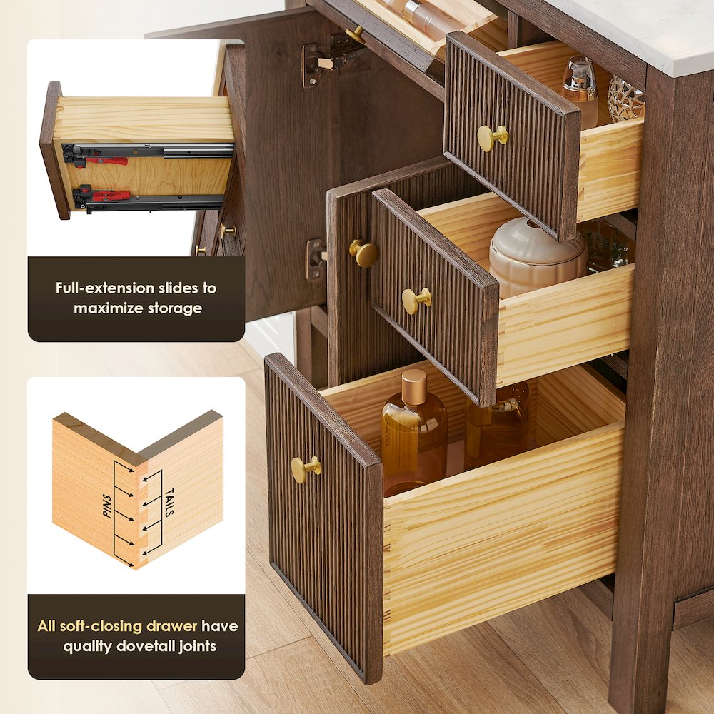 Single Bathroom Vanity in Brown Oak Grain White Engineered Stone Countertop. Picture 10