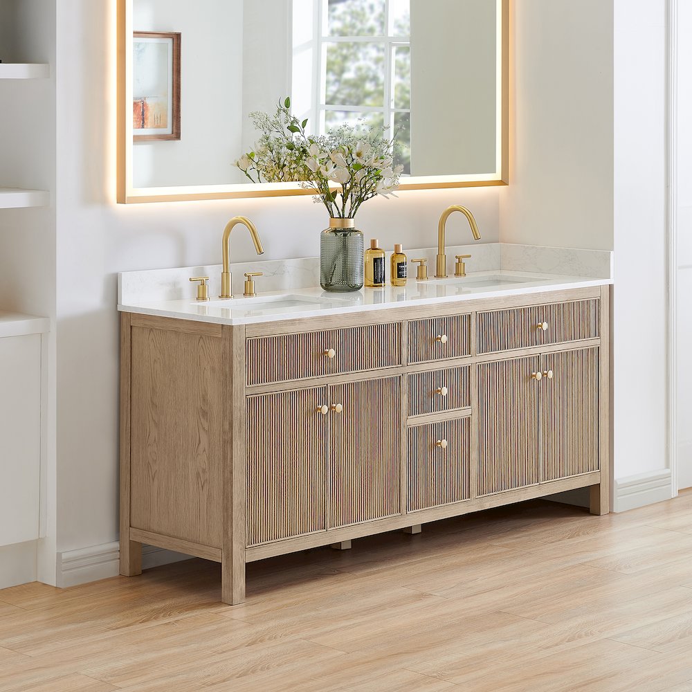 Double Bathroom Vanity in Nature Oak Grain White Engineered Stone Countertop. Picture 3