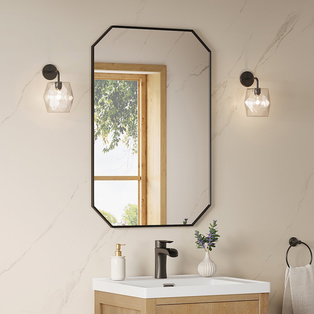 24"x36" Octagon Aluminum Framed in Matte Black Modern Bathroom Wall Mirror. Picture 3