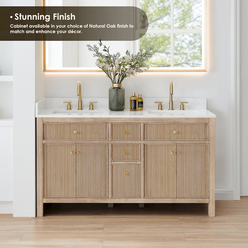 Double Bathroom Vanity in Nature Oak Grain White Engineered Stone Countertop. Picture 3