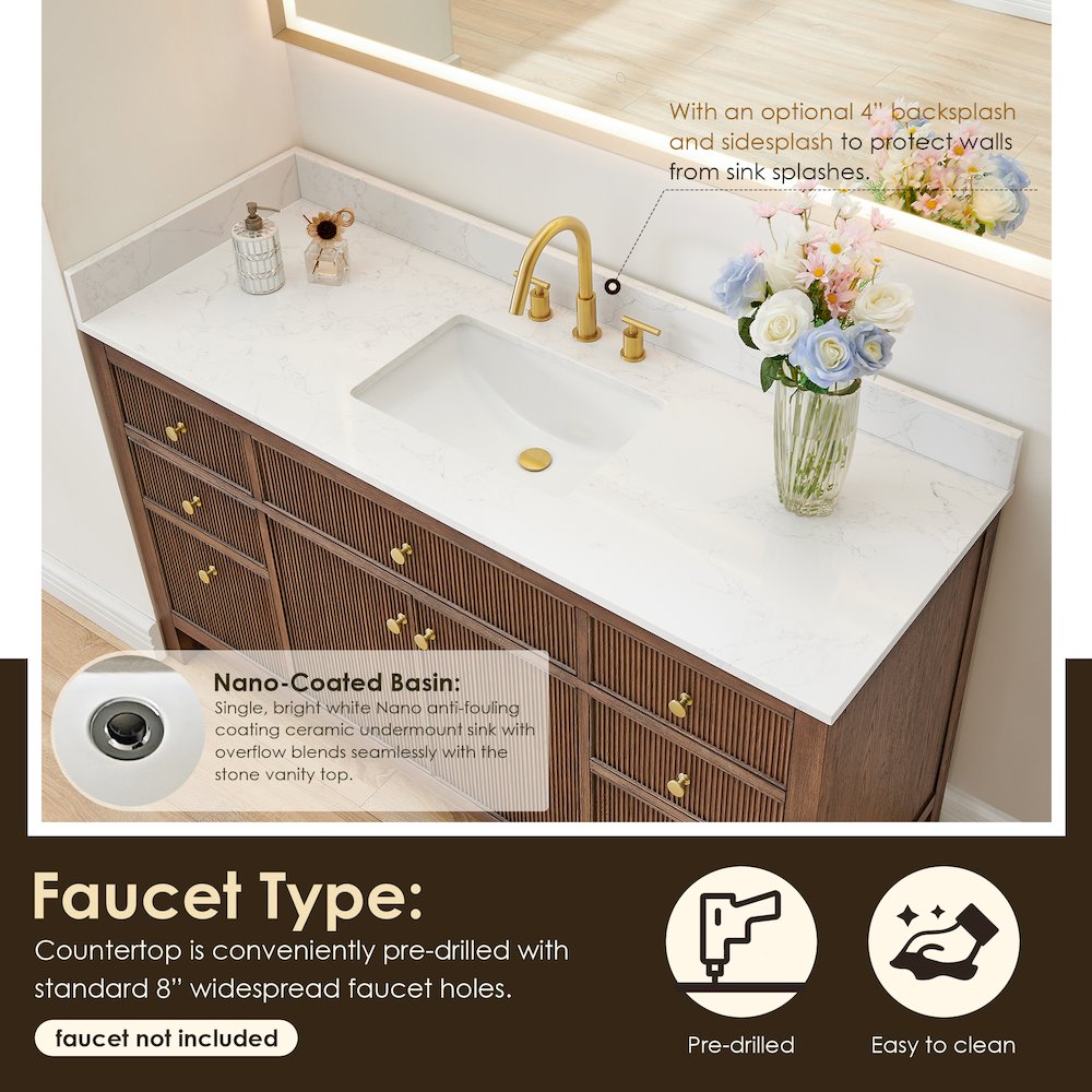 Single Bathroom Vanity in Brown Oak Grain White Engineered Stone Countertop. Picture 6