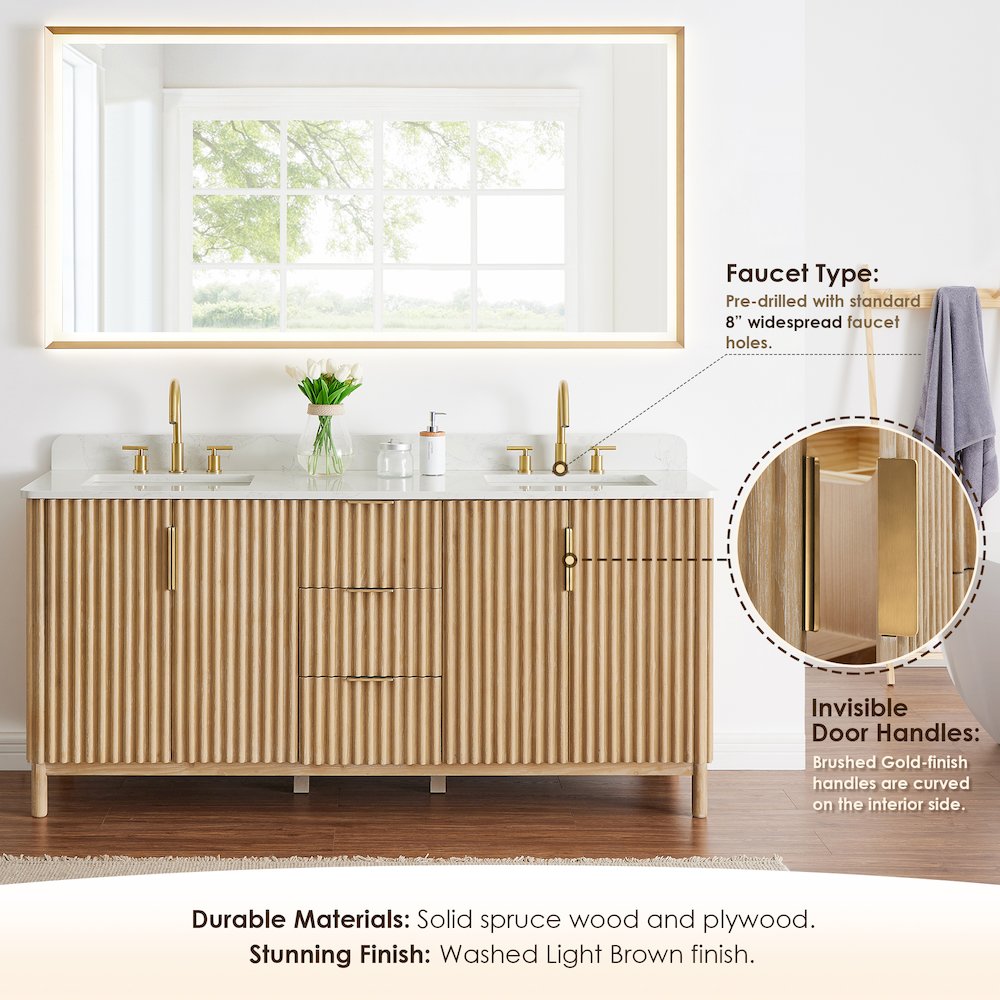 Double Bathroom Vanity in Washing Light Brown Grain White Engineered Stone. Picture 9