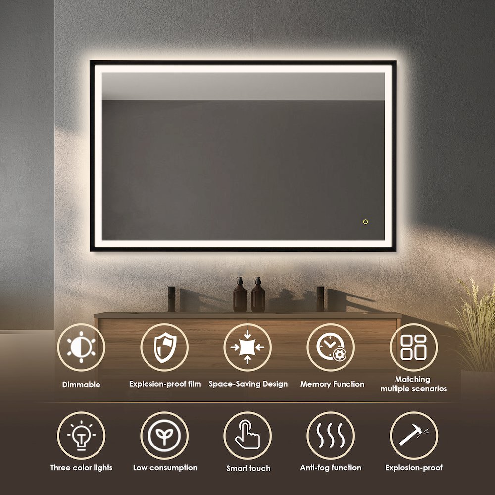 48"x30" Rectangular Wall Mirror in Matte Black Aluminum Framed. Picture 8