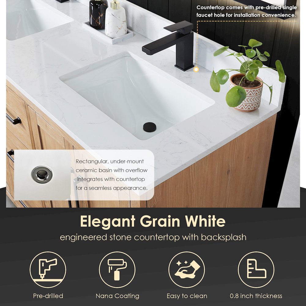 60" Double Bathroom Vanity with Grain White Countertop without Mirror. Picture 6