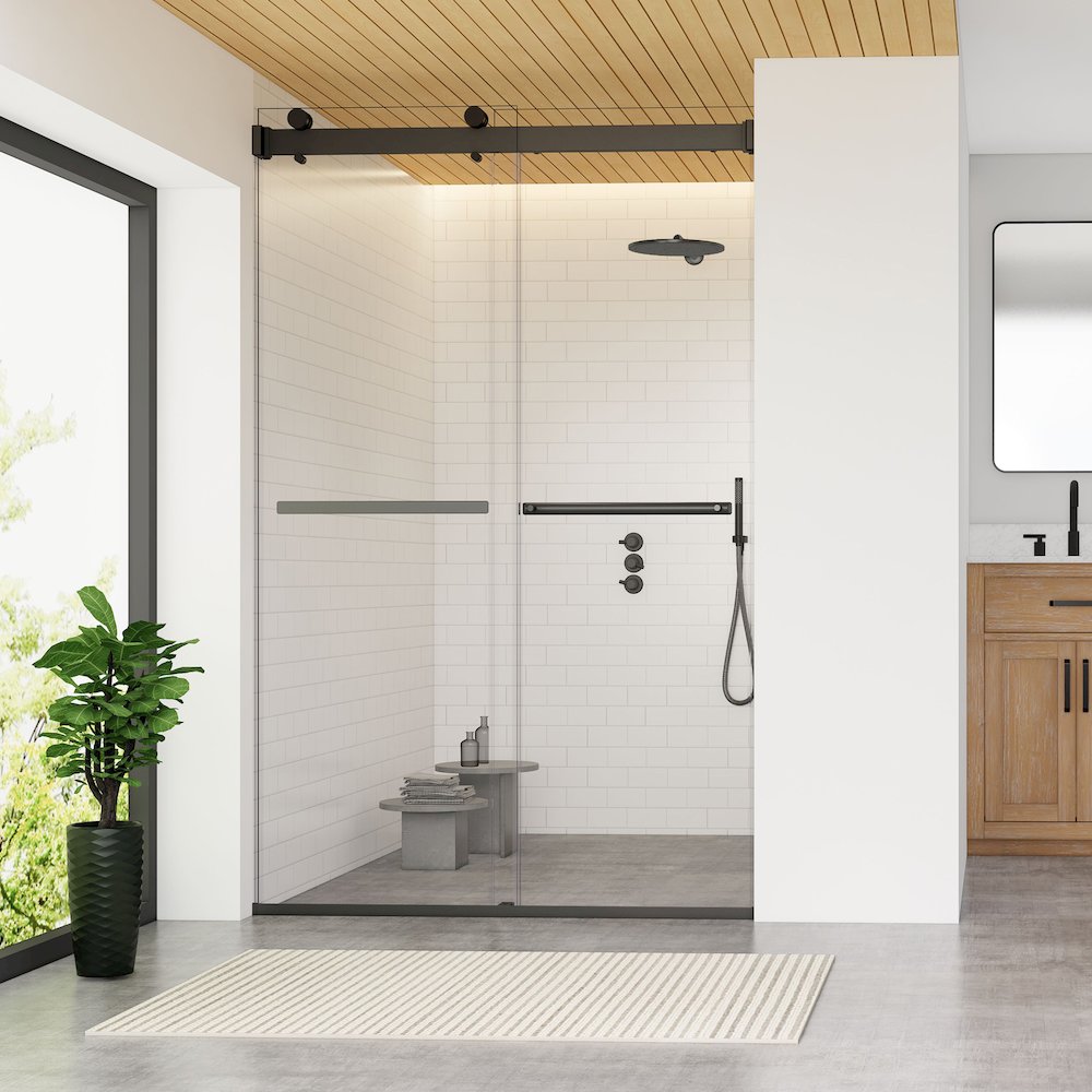 By Pass Frameless Shower Door in Matte Black with Clear Glass. Picture 3