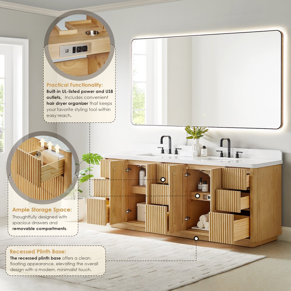 84" Double Bathroom Vanity in Washed Light Brown with Grain White. Picture 9