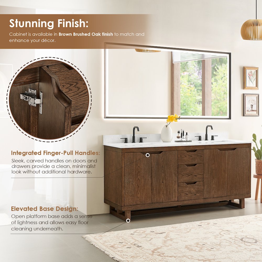 72" Double Bathroom Vanity in Brown Brushed Oak with Grain White. Picture 5