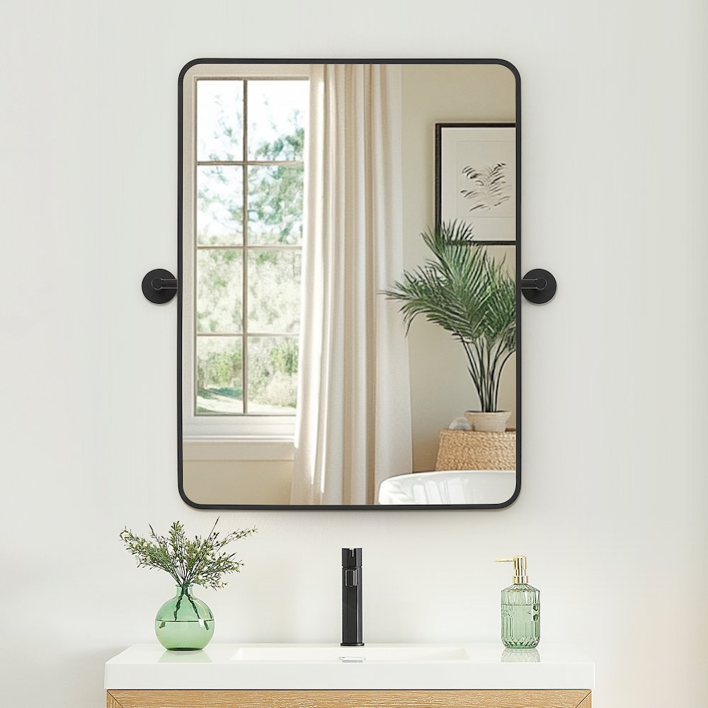 24x32'' Aluminum Framed in Matte Black Modern Bathroom Pivot Wall Mirror. Picture 6