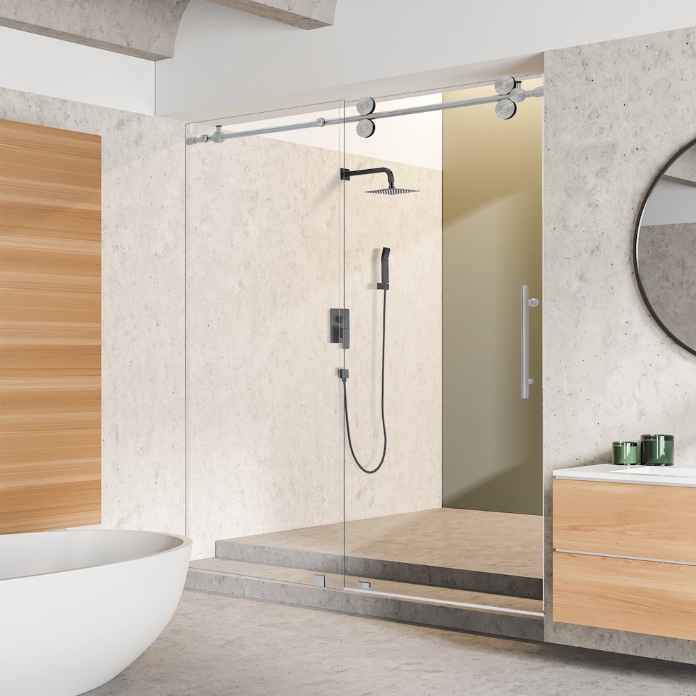 Single Sliding Frameless Shower Door in Brushed Nickel with Clear Glass. Picture 4