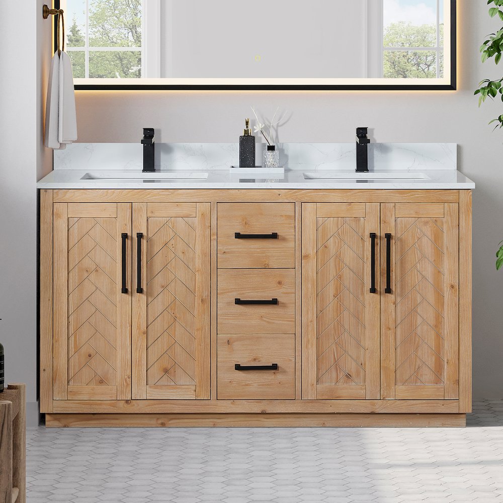 60" Double Bathroom Vanity with Grain White Countertop without Mirror. Picture 2