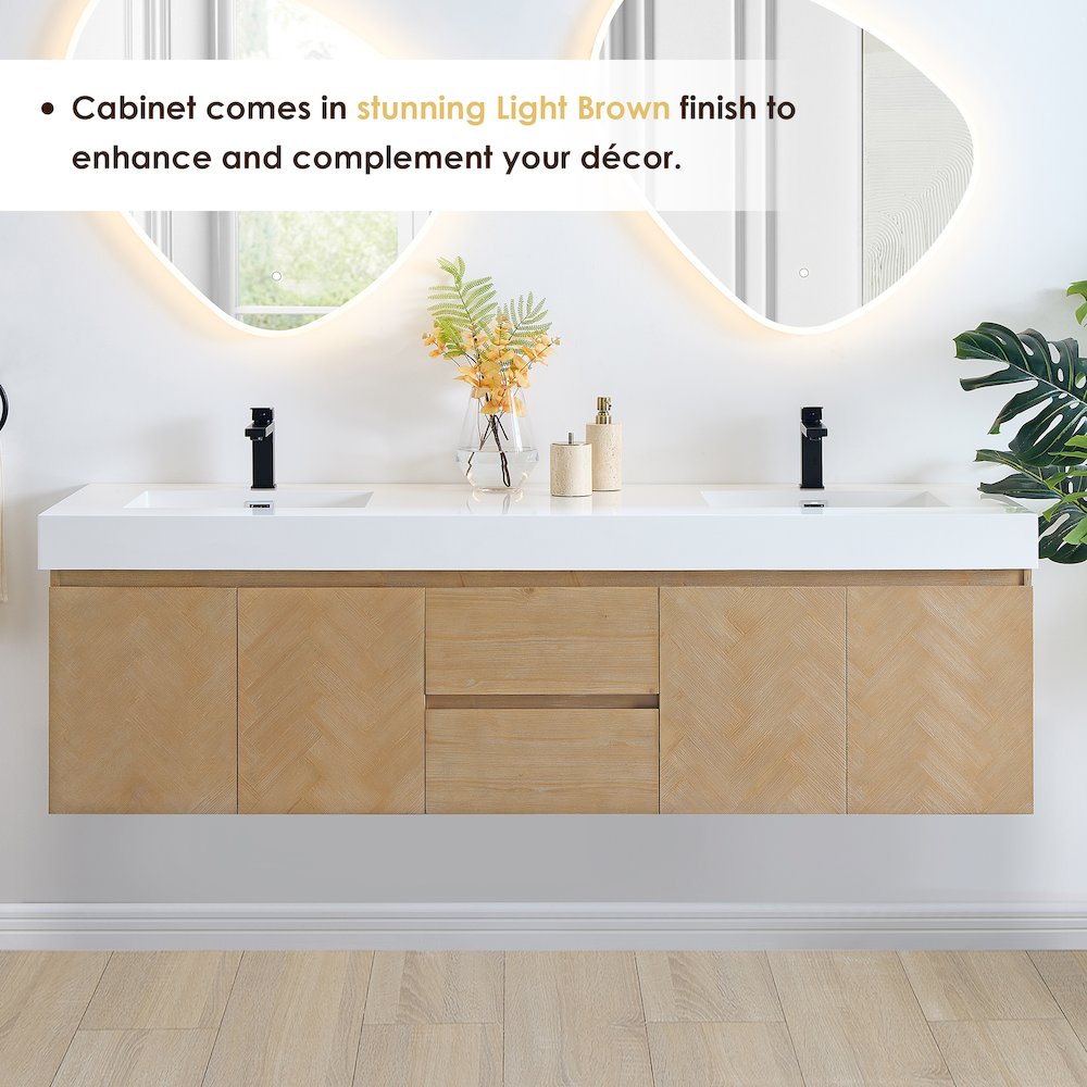 Double Bathroom Vanity in Light Brown White Artificial Drop-in Sink. Picture 4