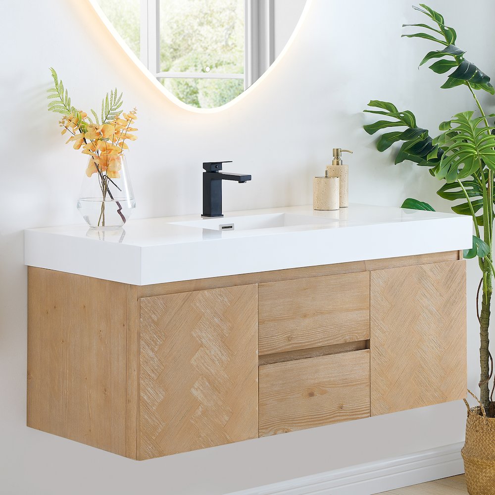 Single Bathroom Vanity in Light Brown White Artificial Drop-in Sink. Picture 4