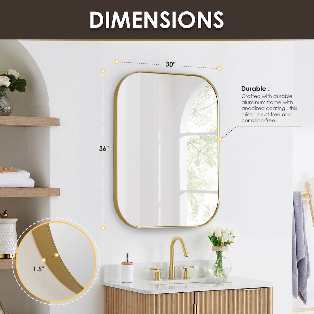 36x30" Rectangular Aluminum Framed in Brushed Gold Modern Bathroom Wall Mirror. Picture 12