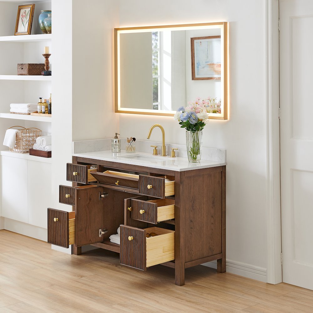 Single Bathroom Vanity in Brown Oak Grain White Engineered Stone Countertop. Picture 4