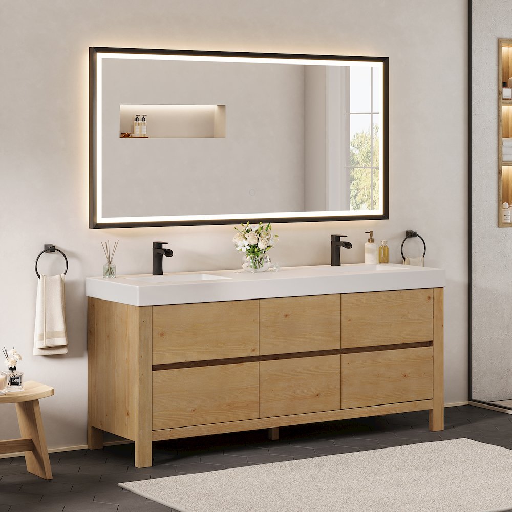 72" Double Bathroom Vanity in with White Artificial Stone Integrated Sink. Picture 3