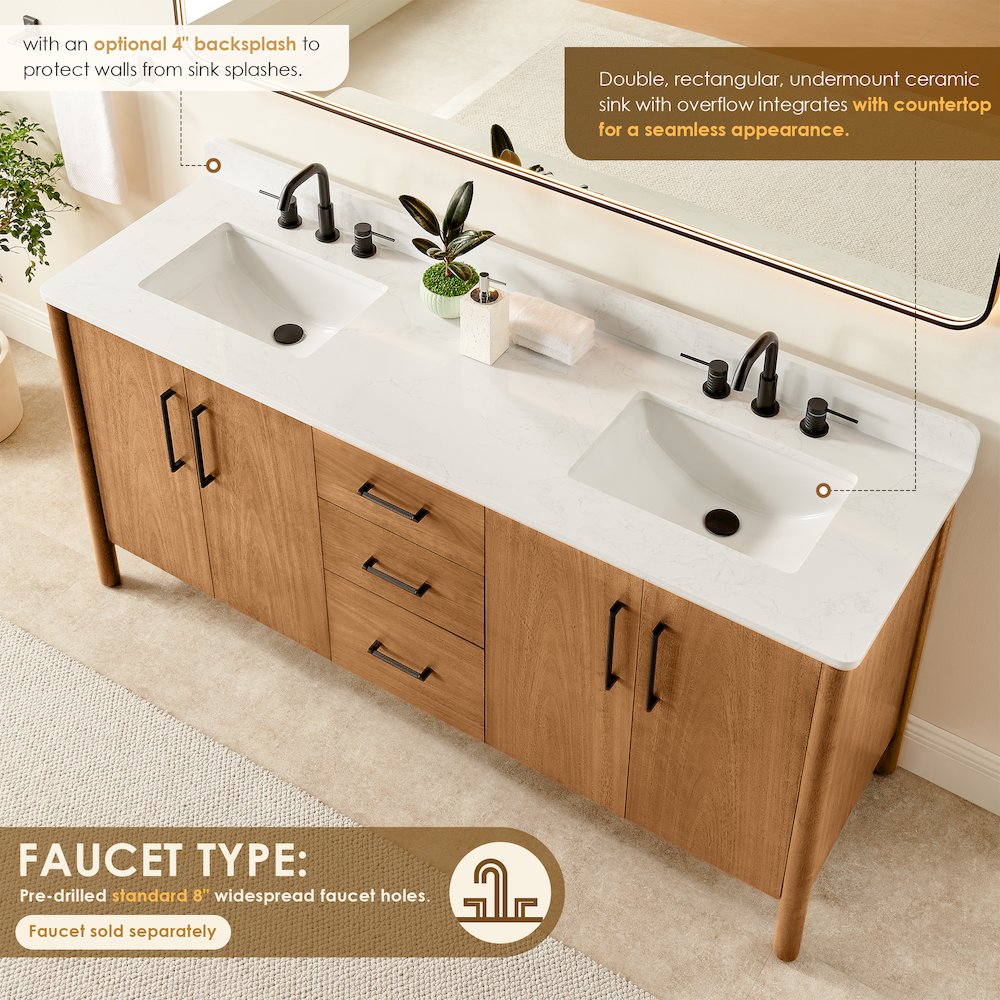 72" Double Bathroom Vanity in Mango Brown with Grain White. Picture 8