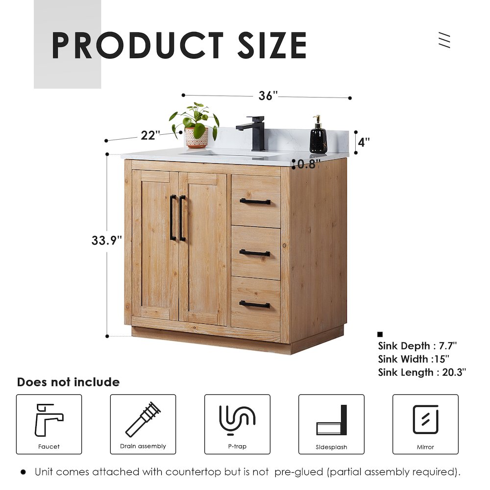 36" Single Bathroom Vanity with Grain White Countertop without Mirror. Picture 10