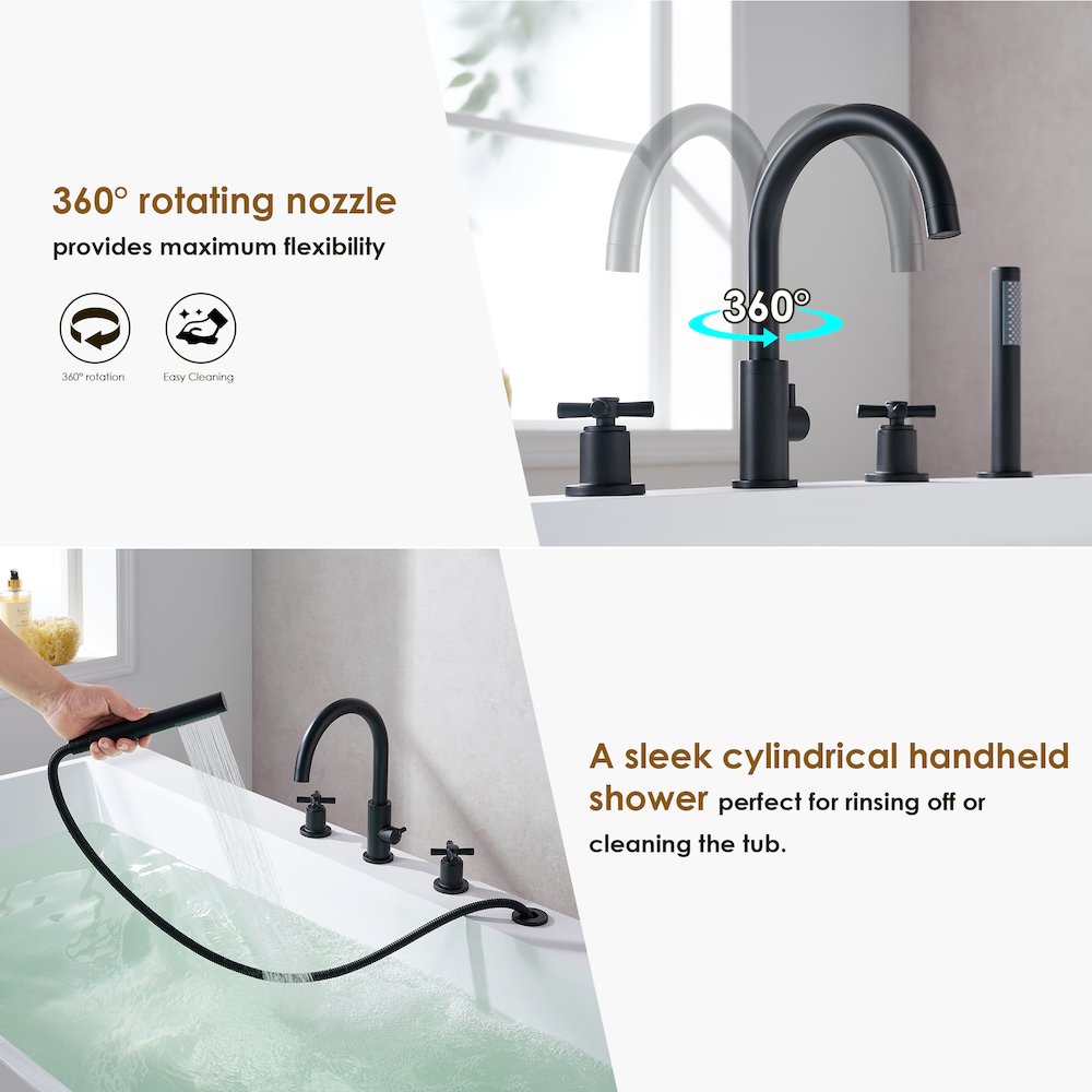 Cross Handles Deck-Mount Roman Tub Faucet in Matte Black with Handshower. Picture 10