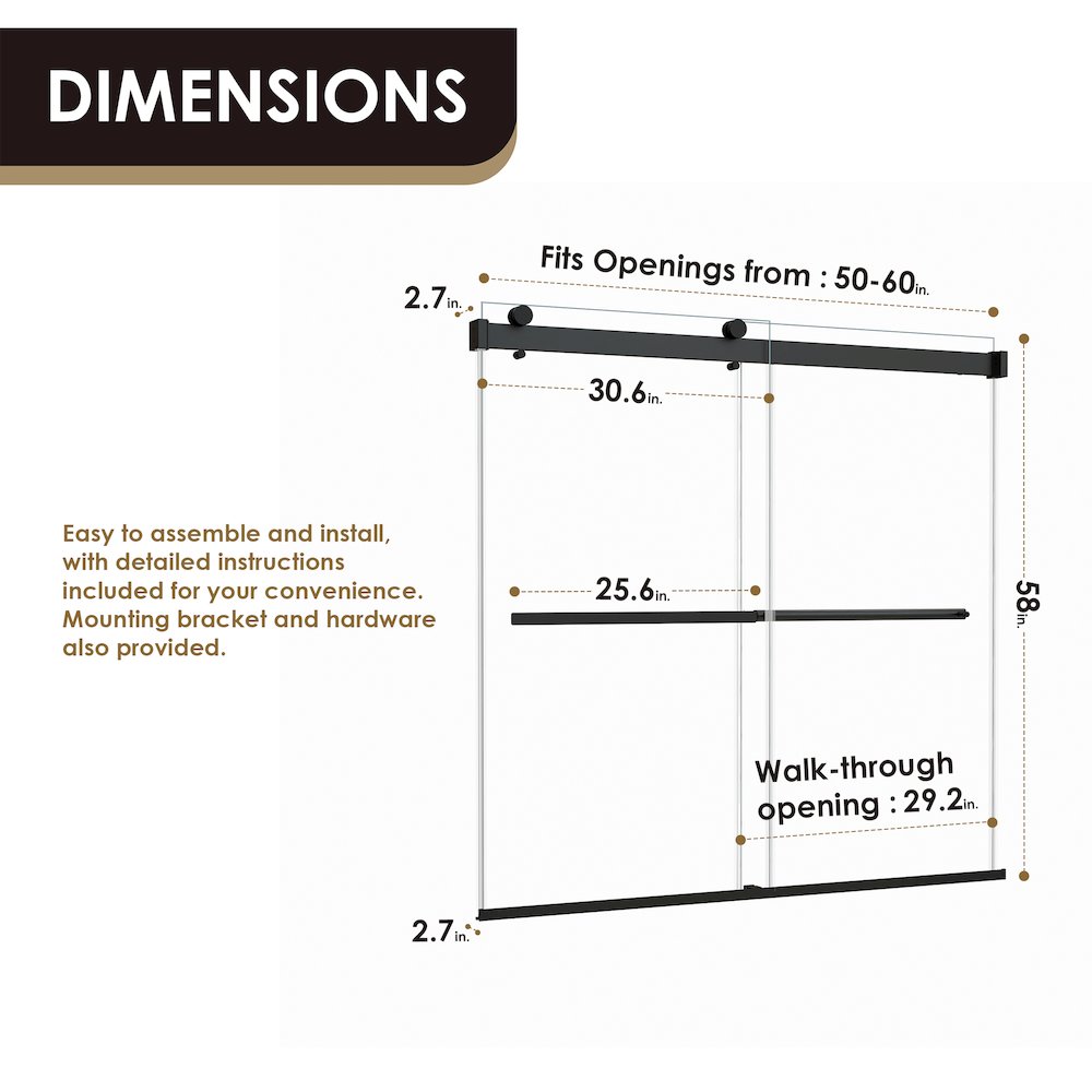 Marcelo 60" W x 58" H By Pass Frameless Tub Door in Matte Black with Clear Glass. Picture 14