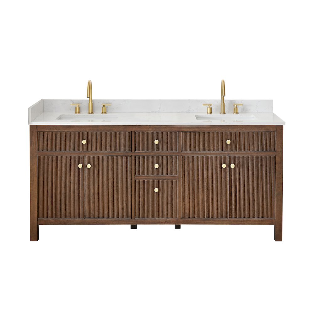 Double Bathroom Vanity in Brown Oak Grain White Engineered Stone Countertop. Picture 4