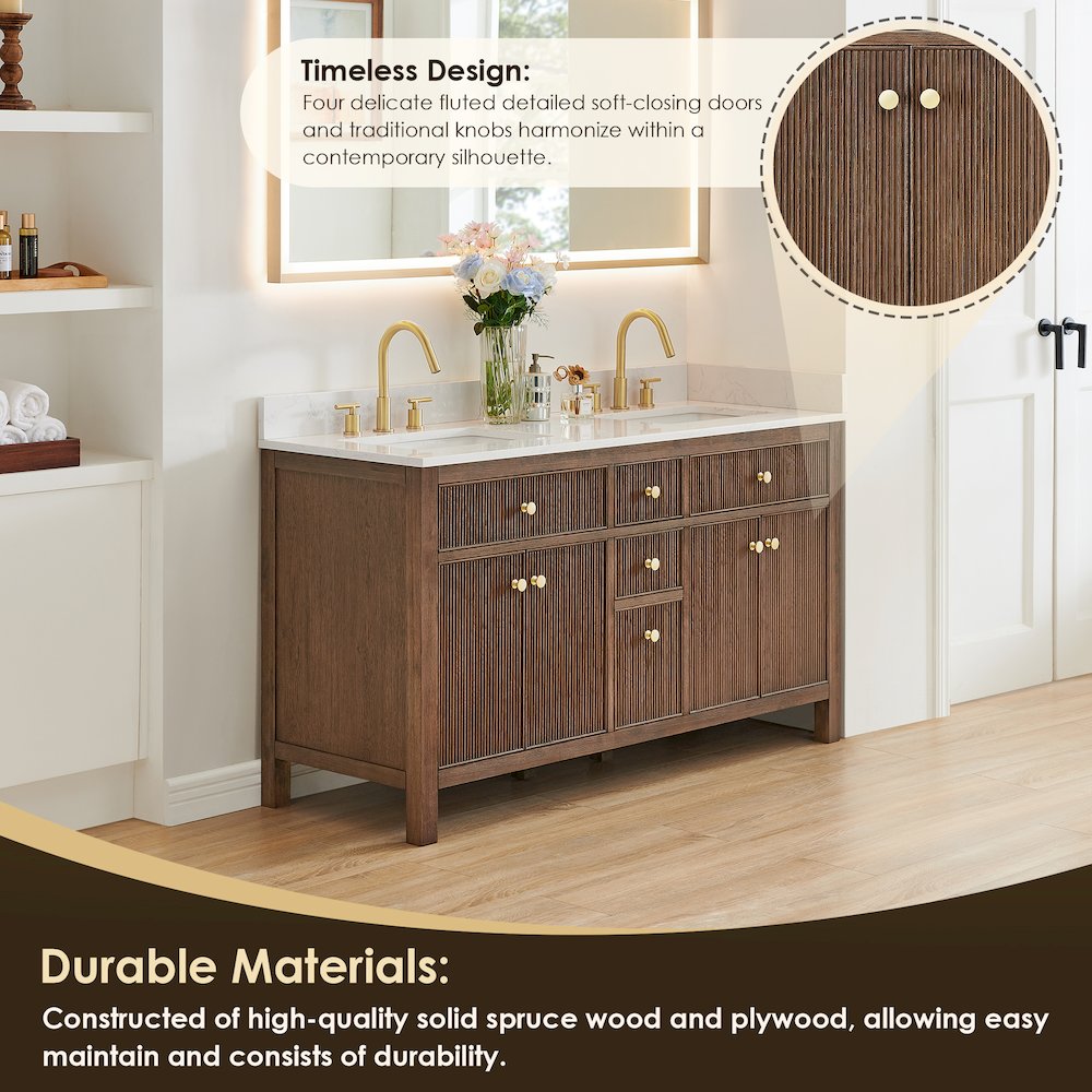 Double Bathroom Vanity in Brown Oak Grain White Engineered Stone Countertop. Picture 5