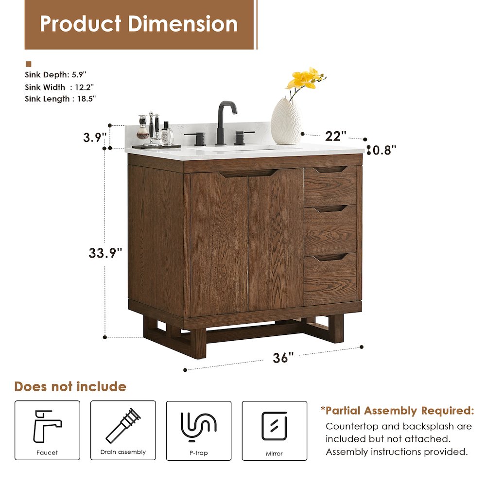 36" Single Bathroom Vanity in Brown Brushed Oak with Grain White. Picture 11