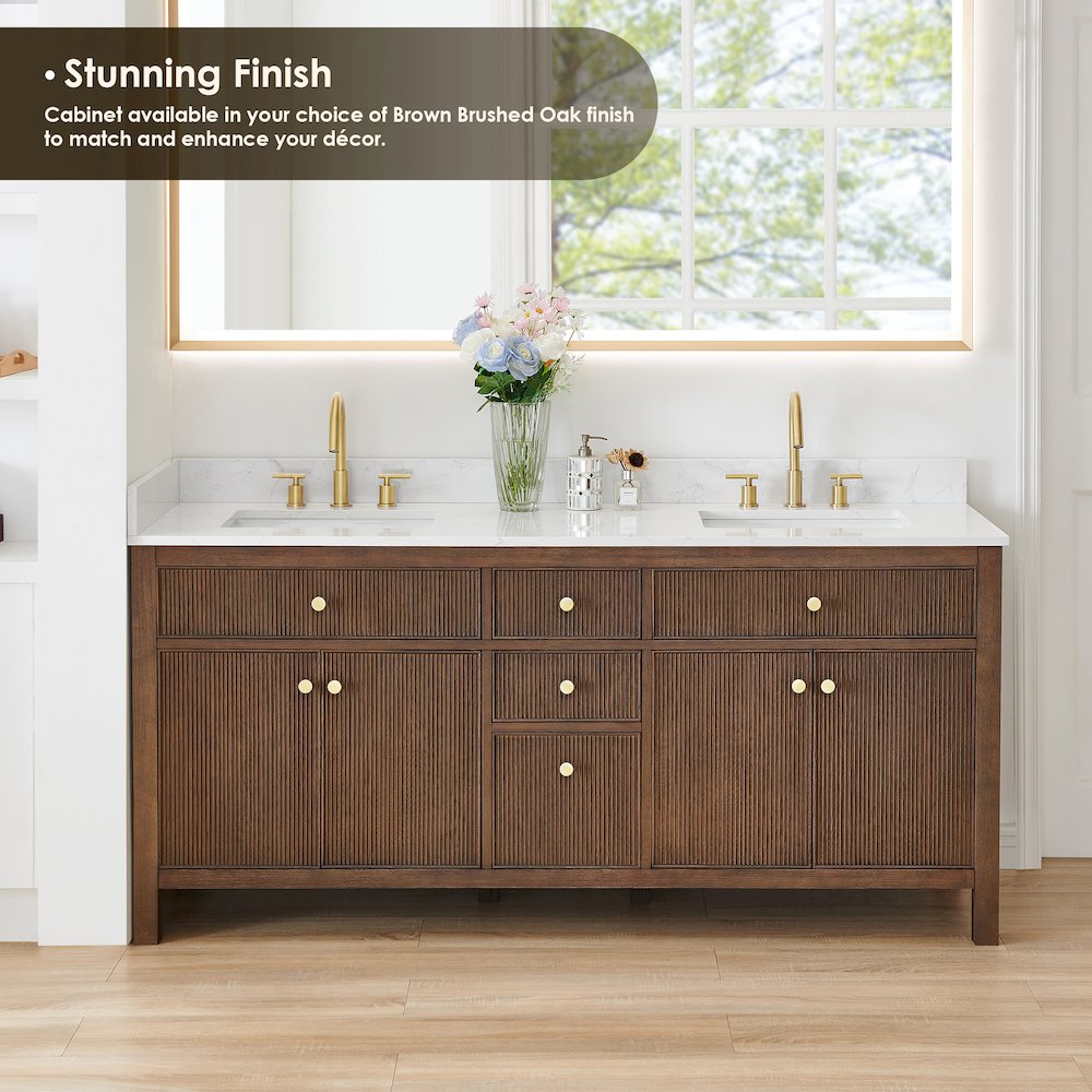 Double Bathroom Vanity in Brown Oak Grain White Engineered Stone Countertop. Picture 9