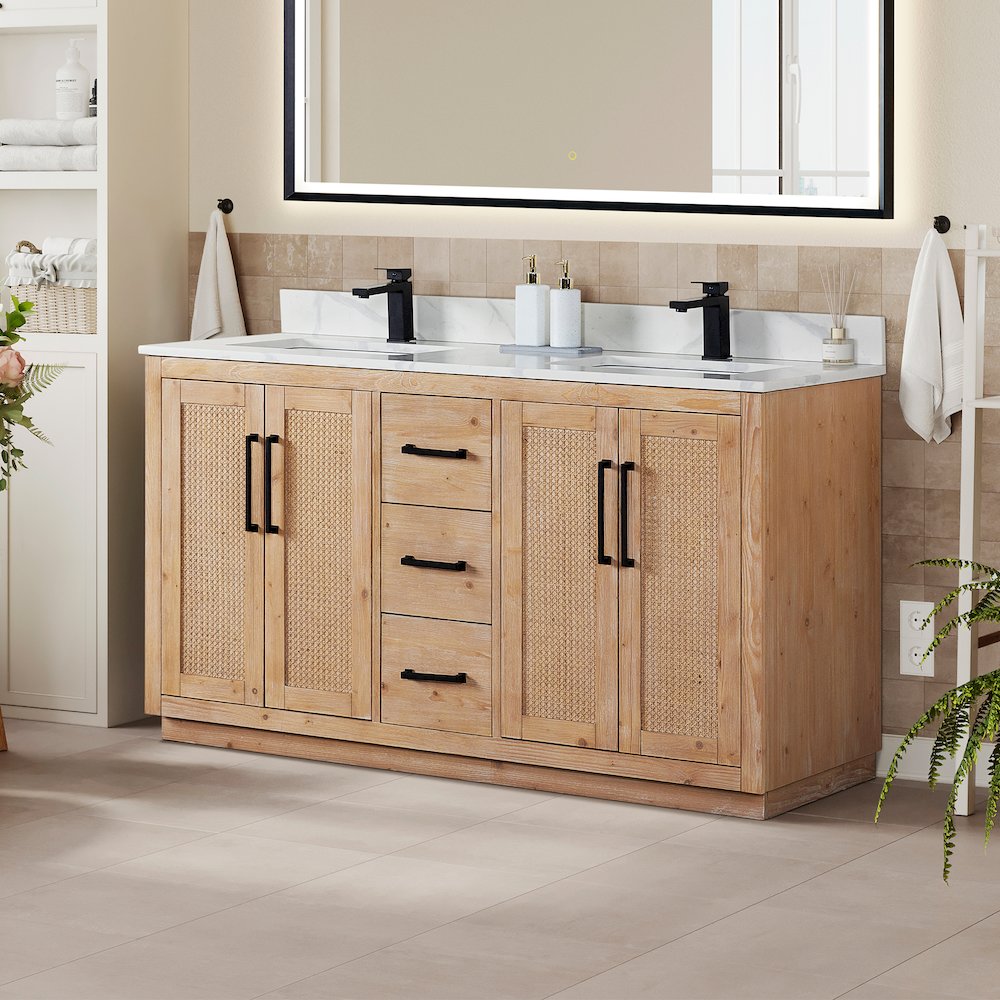 60" Double Bathroom Vanity with Calacatta White Quartz Countertop without Mirror. Picture 3